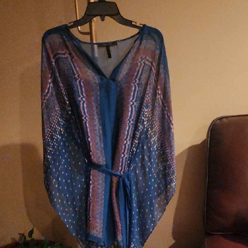 BCBGMaxAzria Sheer Teal and Purple Printed Kimono Top